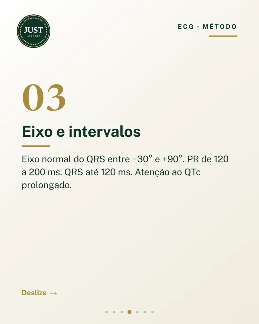 Passo 3 da leitura do ECG: eixo elétrico, intervalo PR, duração do QRS e QTc